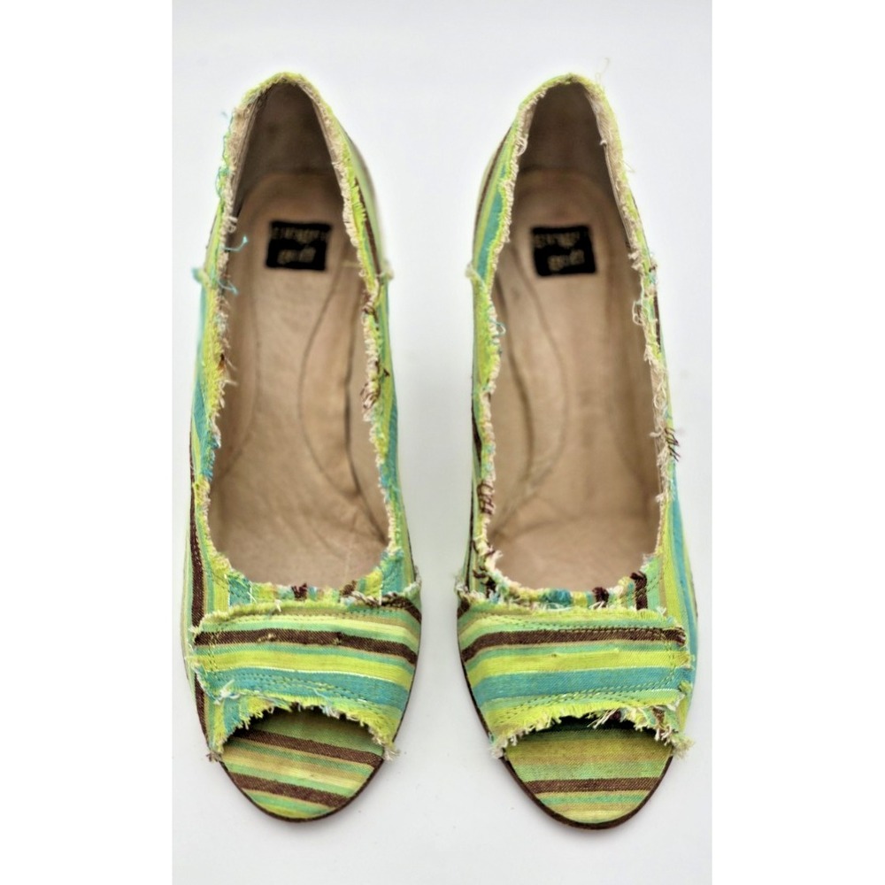 Ginger Goff Peep Toe Heels 7 Women's Green Striped Frayed Wooden 3" Heels Boho